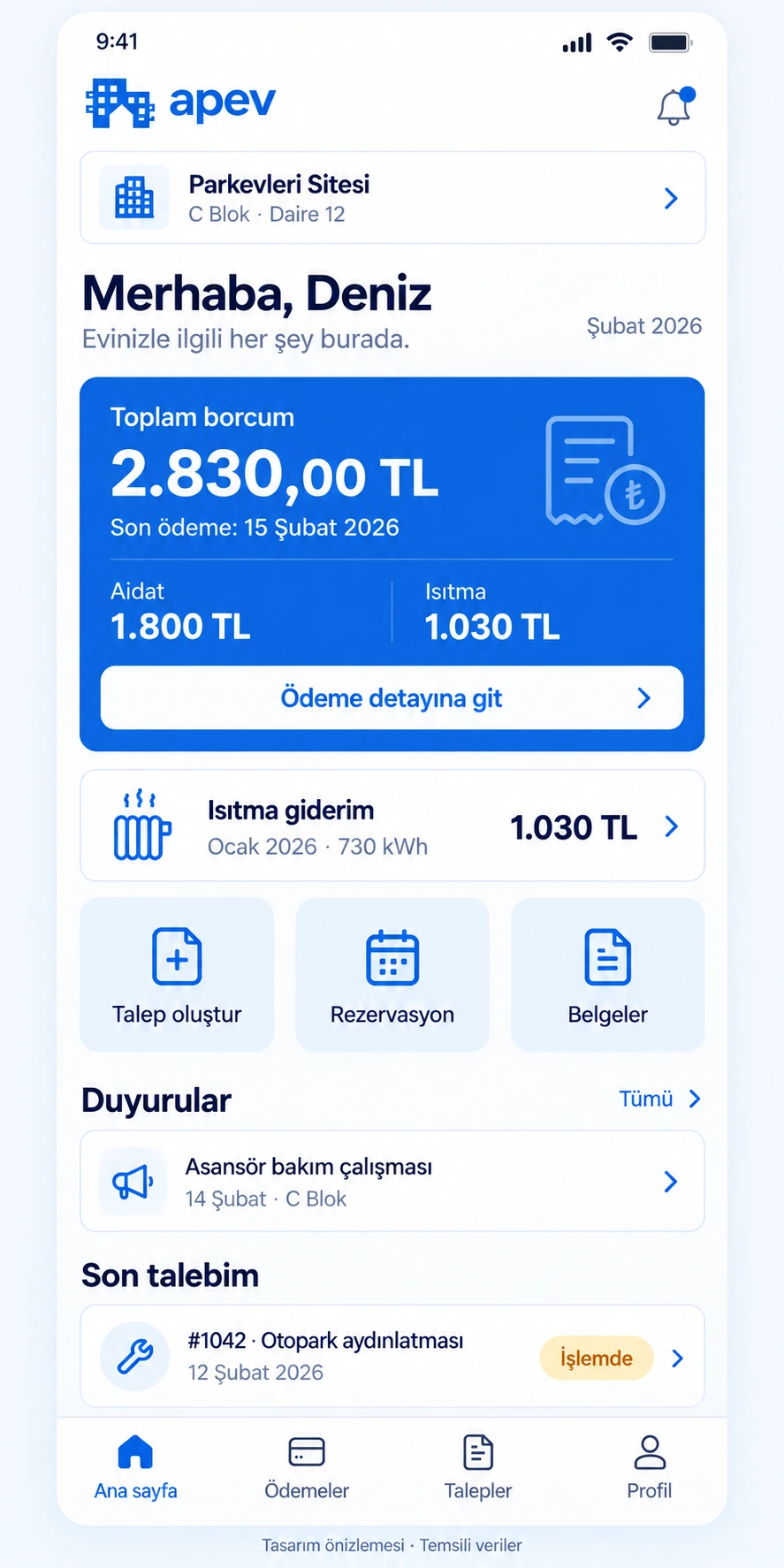 Apev sakin ana sayfası tasarım örneği: aidat ve ısıtma borcu, duyurular, talepler ve rezervasyon kısayolları